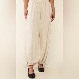 Scandal Italy Pants Women’s XS 100% Linen Beige Tie Bottom Wide Leg Pant